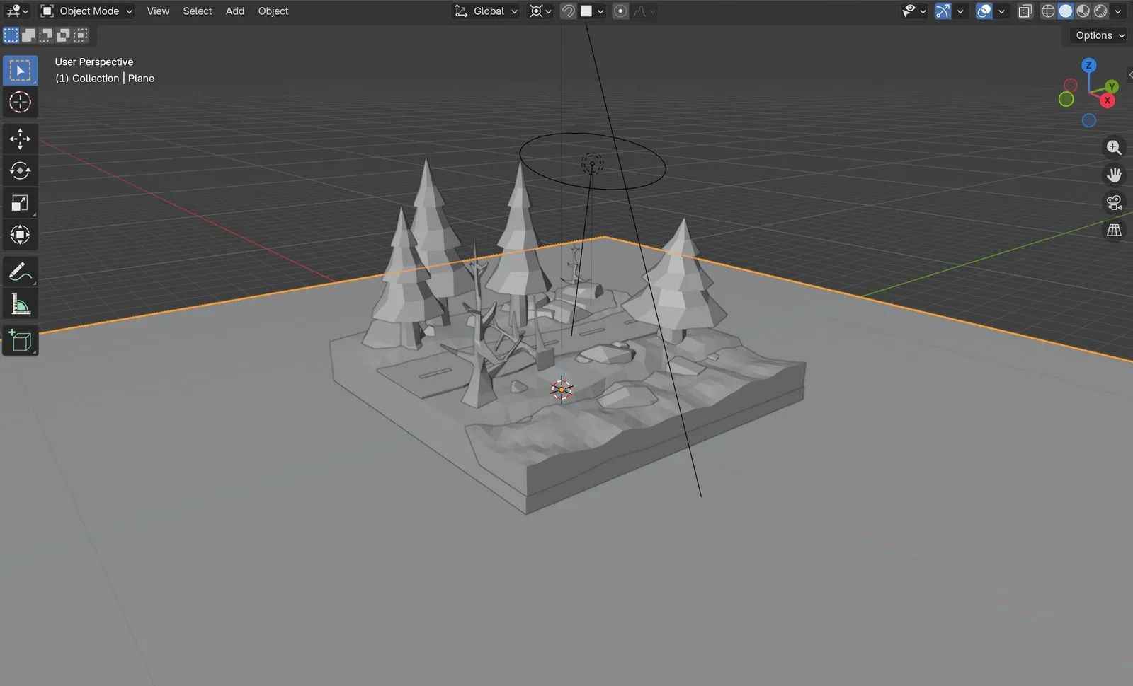 Vista de Blender con el modelo en gris de la isla del bosque