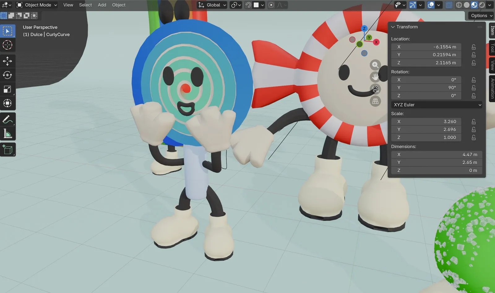 Personajes Lolly y Polo en la vista de trabajo de Blender