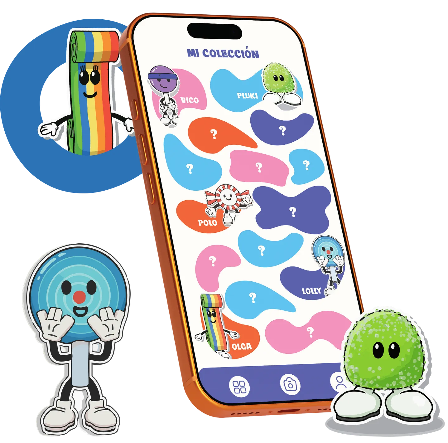 Celular con la colección de la app Quis Quis rodeado de los personajes Olga, Lolly y Pluki
