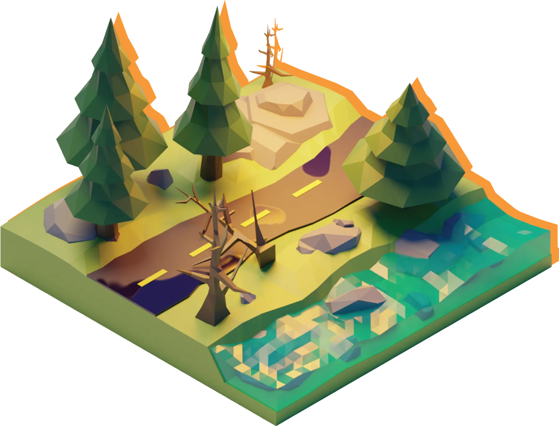 Isla low poly con pinos, un camino, un árbol seco y un río