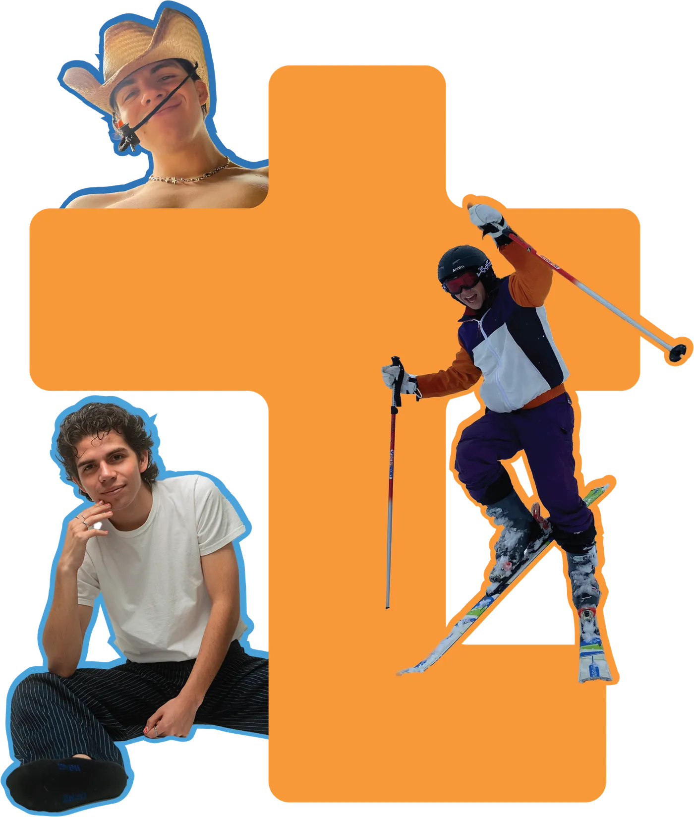 Tres fotos de Daniel (con sombrero, sentado y esquiando) alrededor de la t naranja de su logo