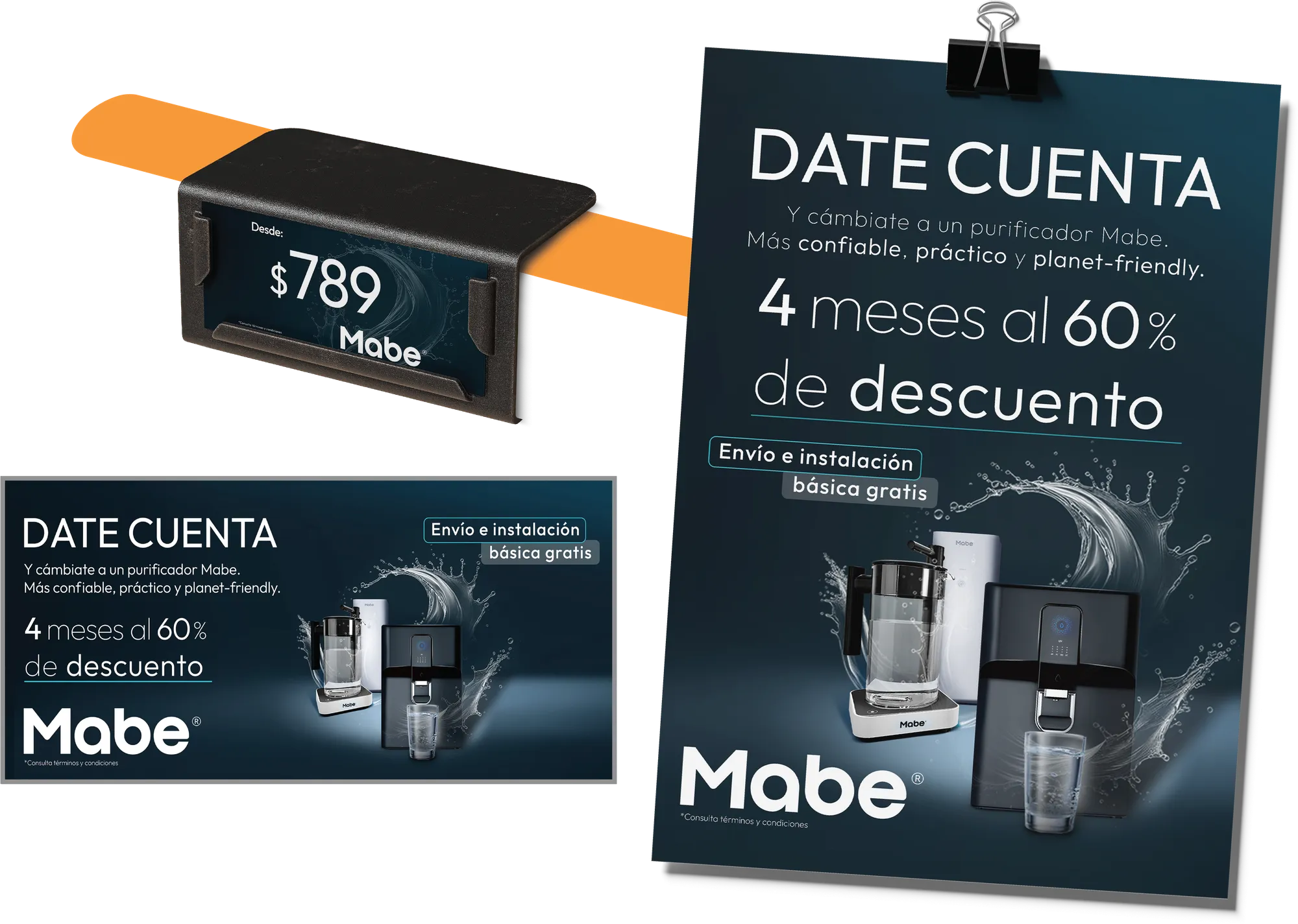 Piezas de la campaña de purificadores Mabe: cartel "Date cuenta", cenefa de precio y banner
