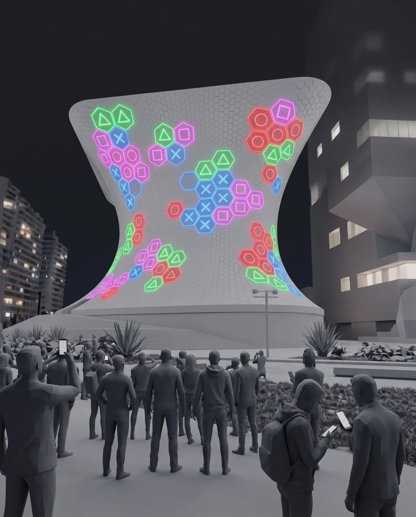 Estudio en blanco y negro de la fachada del Soumaya con los hexágonos de color y el público frente al museo