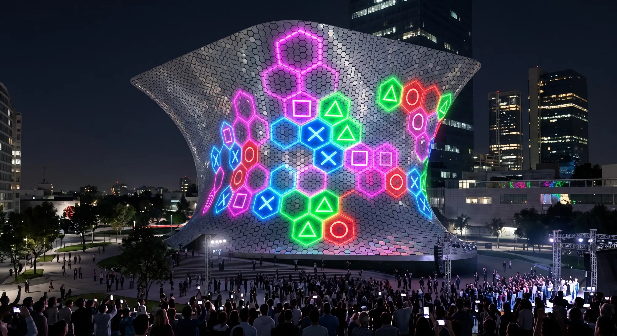 Vista amplia del Museo Soumaya de noche con la guerra de hexágonos proyectada y el público en la plaza