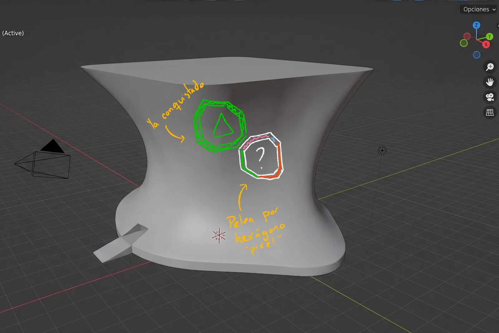 Modelo 3D del Museo Soumaya en Blender con anotaciones: hexágono ya conquistado y hexágono por conquistar
