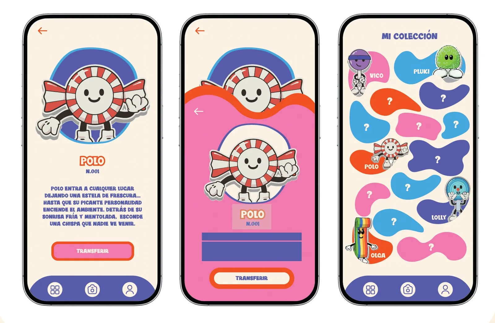 Tres pantallas de la app: ficha de Polo, transferencia y colección