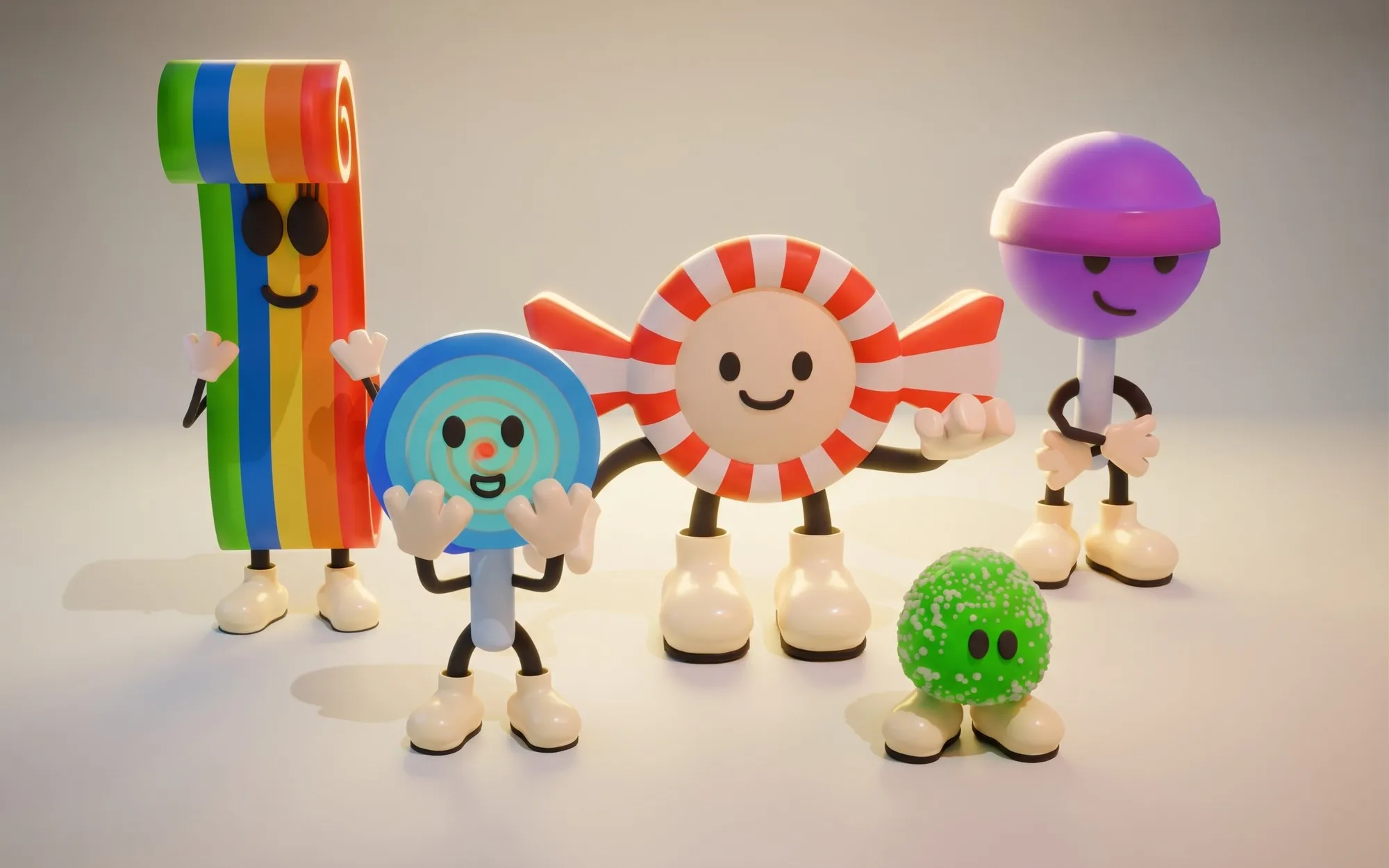 Los cinco personajes de Quis Quis en 3D: Olga, Lolly, Polo, Vico y Pluki