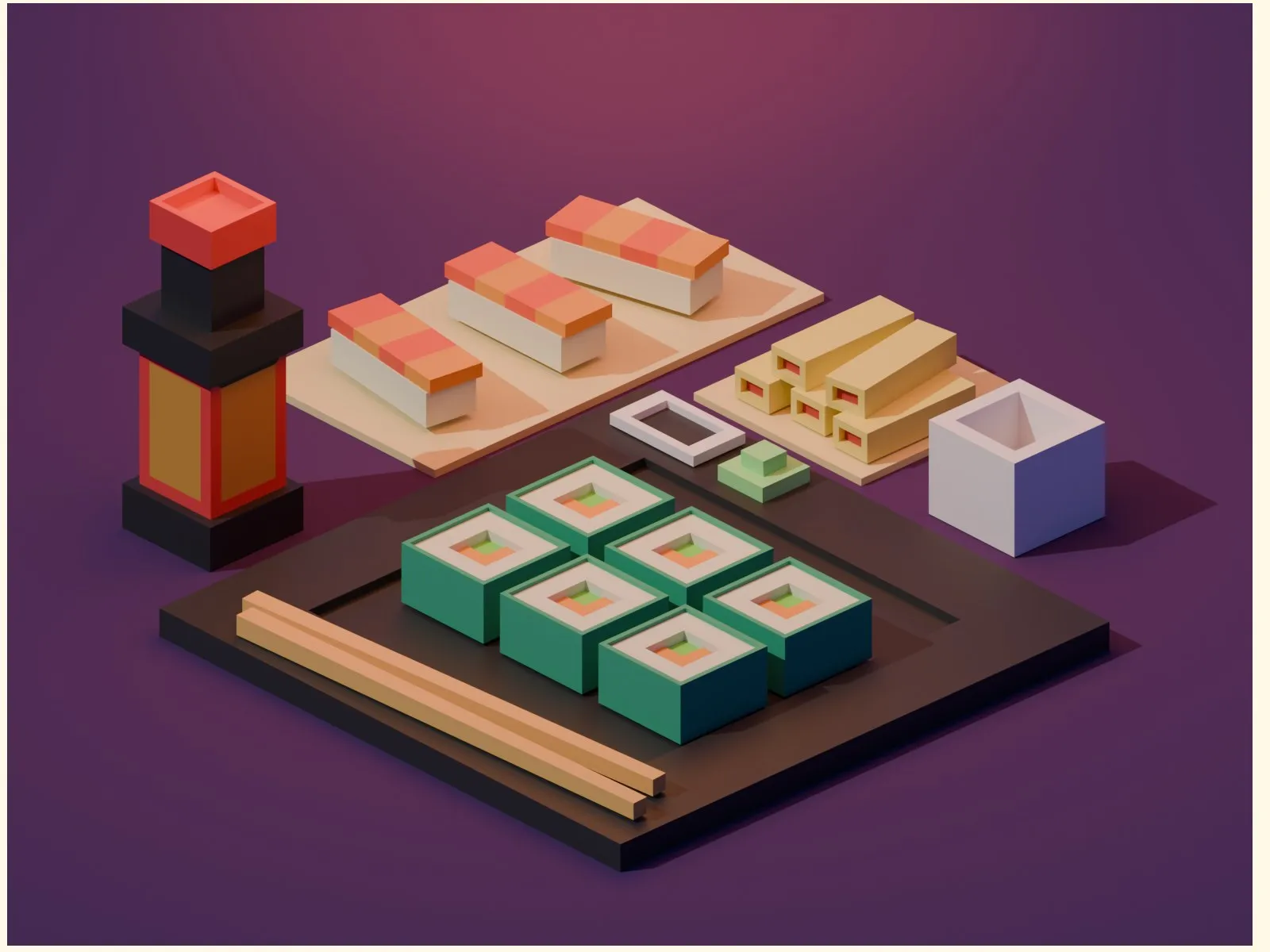 Diorama low poly de una mesa de sushi con farol