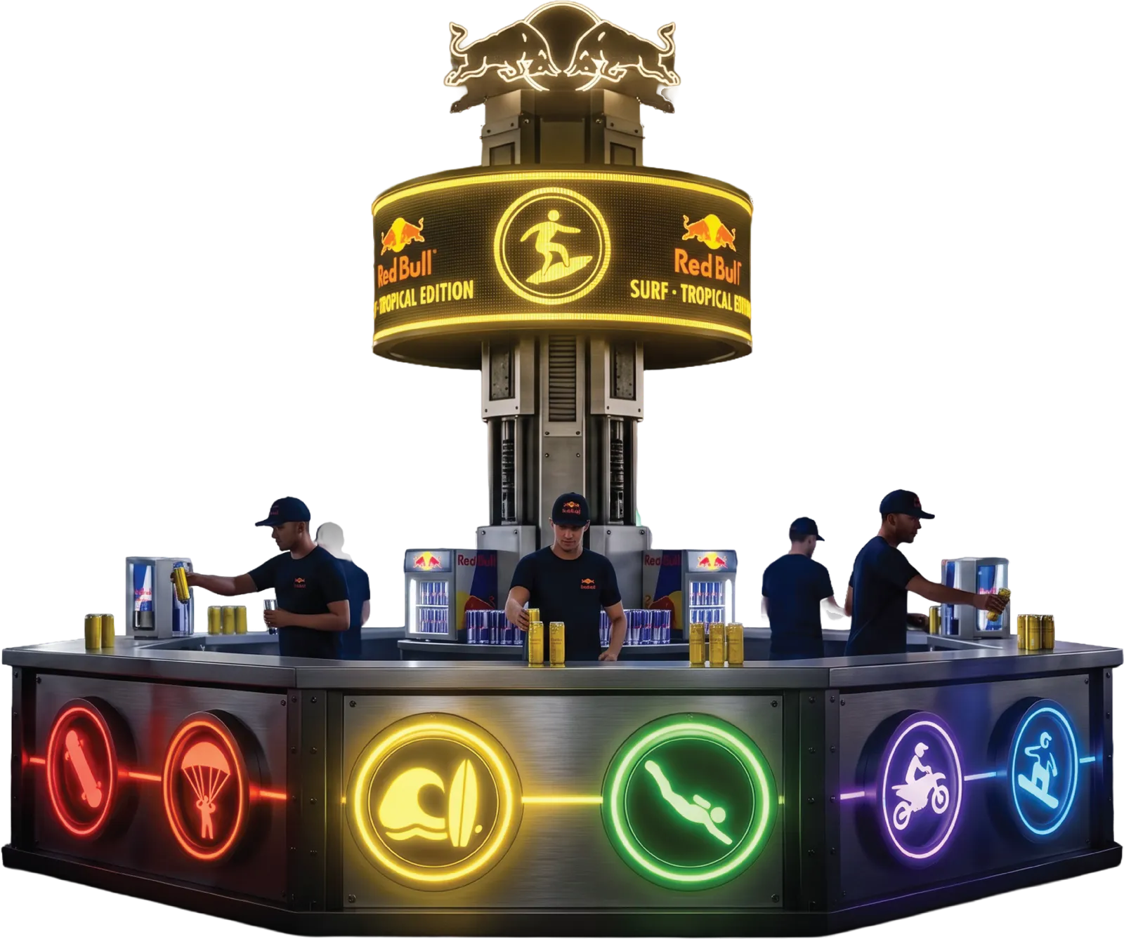 Tótem Energy Totem de Red Bull: pantalla circular, barra hexagonal con neones de deportes extremos y staff repartiendo latas