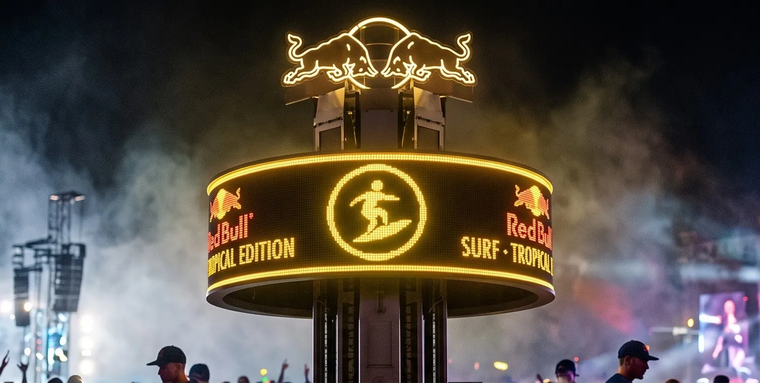 Parte superior del tótem: pantalla circular con el deporte de la hora y los toros de Red Bull en neón
