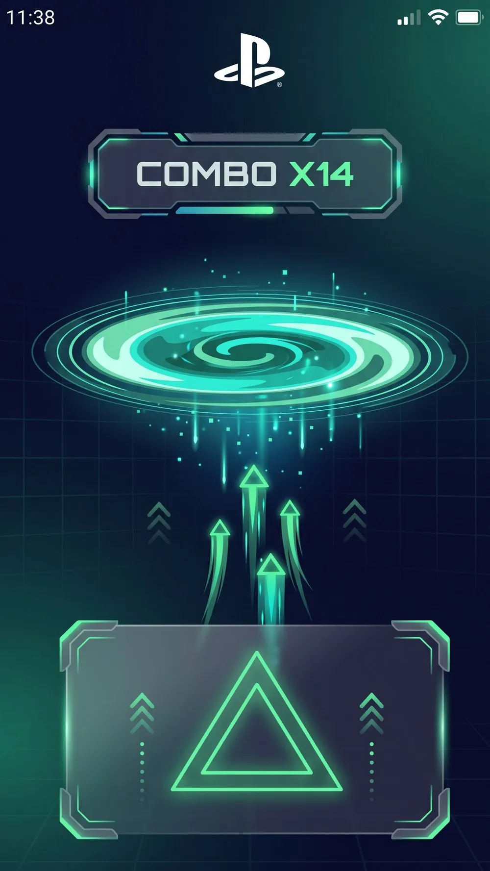 Interfaz final en el celular: combo x14, portal verde y botón del equipo triángulo