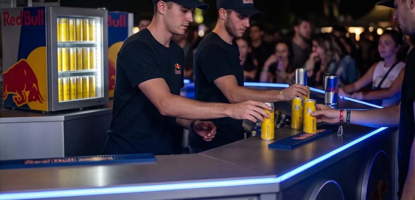 Zona de servicio: staff repartiendo latas en la barra con luz azul y refrigeradores de Red Bull